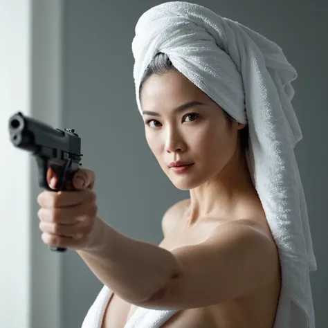 cinematic film still of bright light, bright, a middle aged sexy gray haired still very young looking asian woman wearing only a...