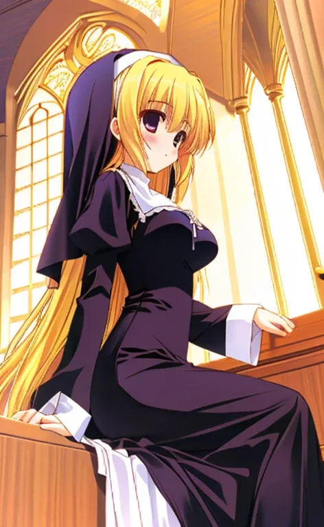 Beautiful long blonde girl　Small breasts　Low - Angle　long sleeves, nun, habit, nun, habit, dress,  long dress, catholic;