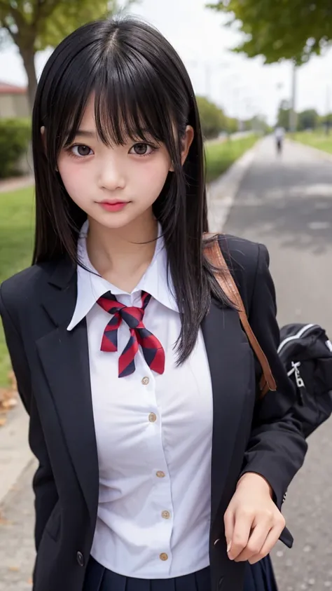 One girl, Blushing, chest, Gaze, Black Hair, Sticking out tongue,Clothes open,high school girl,Shortcuts,uniform,outside,Milk on the face