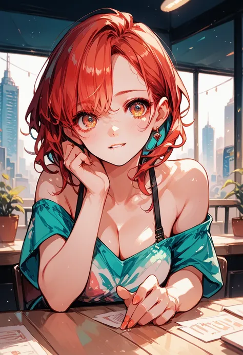 score_9, score_8, score_7_up, anime style vibrant scene of a sexy seductive korean woman leaning over a table, (biting lip), exposing her cleavage. She is wearing a low cut top with seductive wavy hair, intricate eye details. (Perfect hands)