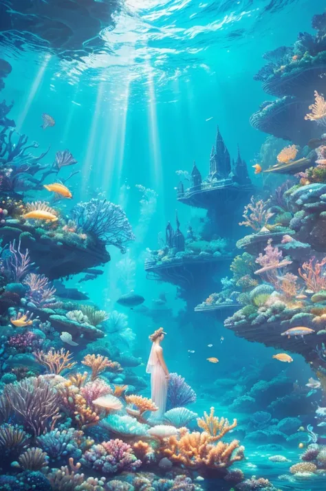 An ancient underwater city bathed in a soft, ethereal glow, surrounded by mythical sea creatures like luminous jellyfish and graceful merfolk. The city’s architecture features towering, coral-covered spires and bioluminescent flora. In the foreground, a gr...