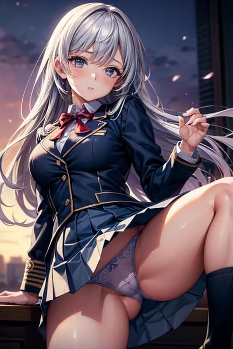 cute girl in school uniform, upskirt, high quality, detailed face, detailed uniform, photorealistic, detailed panties, dynamic pose, beautiful lighting, cinematic composition, vibrant colors, soft focus, dreamy atmosphere