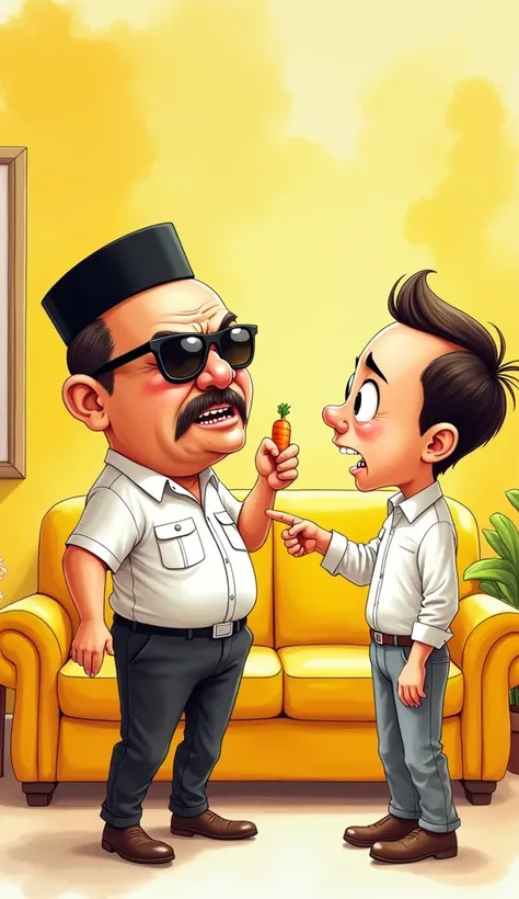 (an Indonesian man, caricature, big head, small body, wearing sunglasses, mustache, wearing a black cap, wearing a white REGENT&#39;S uniform, Being angry, holding a carrot with the left hand and pointing at the carrot with the right hand),(a cartoon man, ...