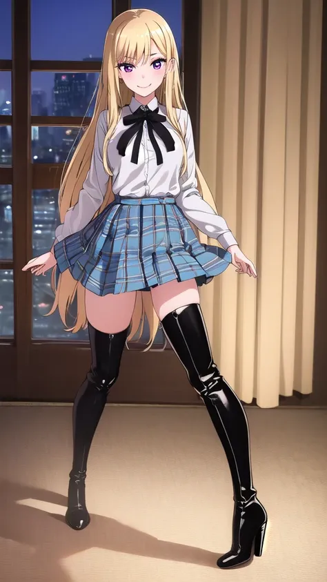 1 girl, solo, an extremely beautiful frame, great view, detailing, HD frame, (( ultra quality )) , A beautiful girl, patent leather boots, 
blonde hair, shiny figure, Pink eyes, manicure, full length, plaid skirt, I am hooded, bracelets, black thigh-high b...