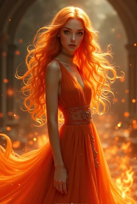 A young and confident looking woman, her hair is orange like and with details of fire, the same color as her long dress that reminds us of the reborn phoenix Her eyes are red Art in the Luminous Narratives style, dark fantasy