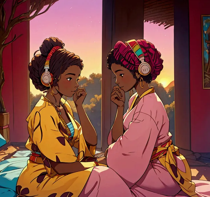 une belle lofi girl AFRICAINE est assis et regarde un coucher de soleil magnifique dans la savane, she has a nice hairstyle, she wears a headset on her head. there are colors,elle porte une robe colorée;. good quality, INFO,photo realiste. Avec un seul per...