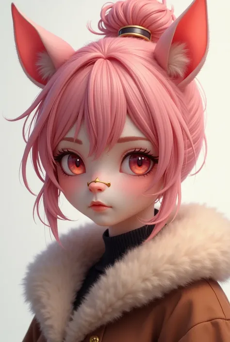 Hazel Typh, 1girl, best quality, furry, brown fur, pink hair, animal ears, gold piercing, heart-shaped pupils, animal nose, pink eyes, hair bun