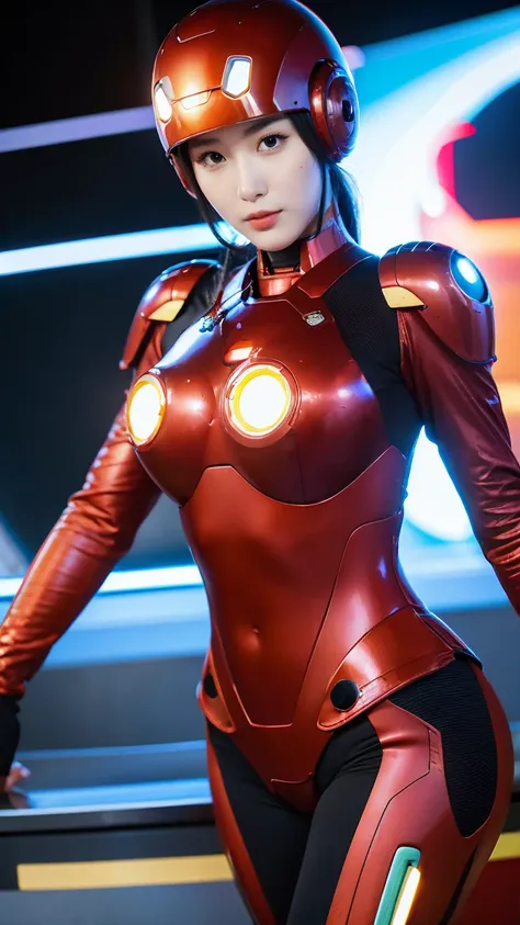 beautiful korean girl, black and red iron man suit,((tight bodysuit)),  sexy bodysuit set, nude sexy, full metal armor, bare mid...