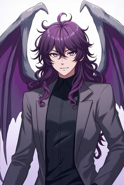 anime style man, Fangs, long curly purple hair, grey eyes, gray wings with purple