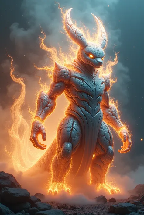 Dream-On Style,3D render,highly detailed,ultra-high resolutions,32K UHD,sharp focus,best quality,masterpiece, a boss-level celestial god smoke type Pokemon Countless cracks on the metal body, emitting strong light, smoke effect, flame effect,dancing light ...