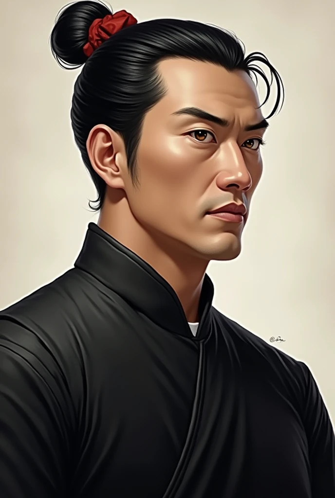 A white skinned man, short black hair , Cao Cao , honey colored eye, with a black blouse .