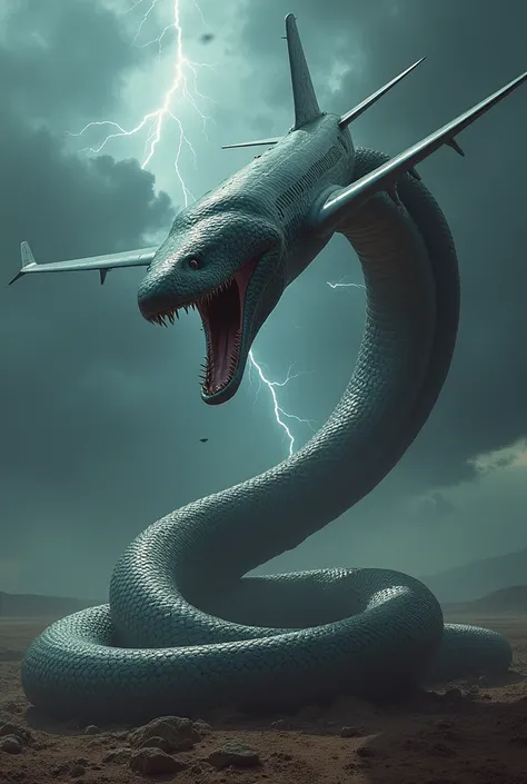 Create a image of a plane crashing on a snakes head