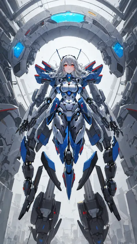 ((Robot Girl, Mecha)), Glowing Eyes, Delicate face, Broken Armor, mechanical aura, mechanical arm, Gray Hair, Long Hair, Ceramic body,Large Breasts, Cyber Background, Very nice city, (translucent, Reflex muscles), 8k, Highest quality, Very detailed, (Surre...