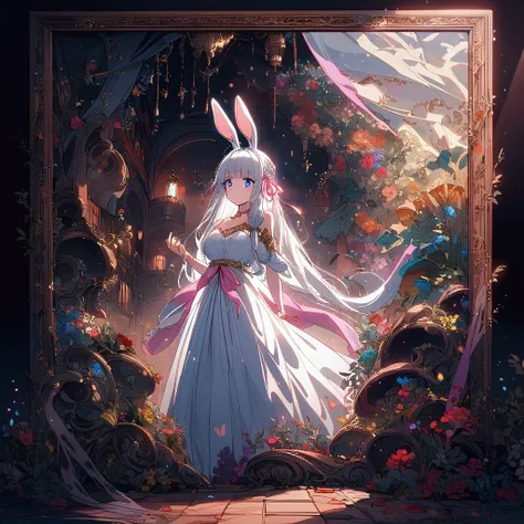 girl、Rabbit、Bunny ears、white髪、white、Princess Dress、Drooping eyes、Pink ribbon、Loose picture