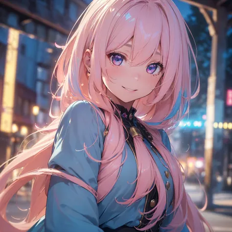 (((best quality, sharp image, clear image, cinematic lighting, 8k resolution, masterpiece, ultra detailed, intricate))), girl, (((blond hair, pink hair strands, blue hair strands))), long hair, smiling, shot from side, intricate dress, (cute), ((fully in p...