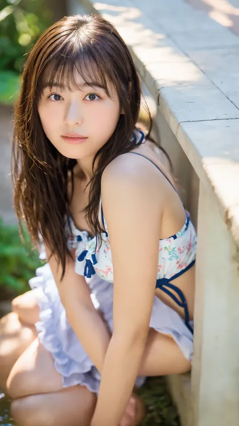 Highest quality、Ultra-high resolution、(Photorealistic:1.4)、、small 、、、Japanese women、Looking into the camera、(Micro Bikini)、Specific Background、Look forward、standing、Female in her late teens、Light bangs、Salon model style、Natural look、Leaning against a wall、...