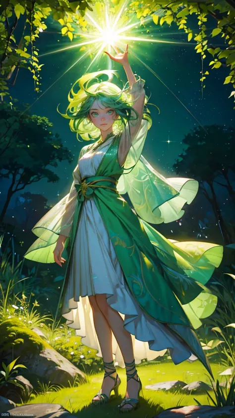 A beautiful, cute girl with bright green hair and glowing eyes, dressed in a natural, flowy outfit that resembles leaves and vines. She is standing confidently in a lush, vibrant environment filled with green planks, moss-covered stones, and glowing green ...