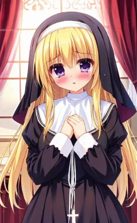 Beautiful long blonde girl　long sleeves, nun, habit, nun, habit, dress,  long dress, catholic;　Double handjob　 penis　Tears overflow from my eyes　Covered in semen　One Girl