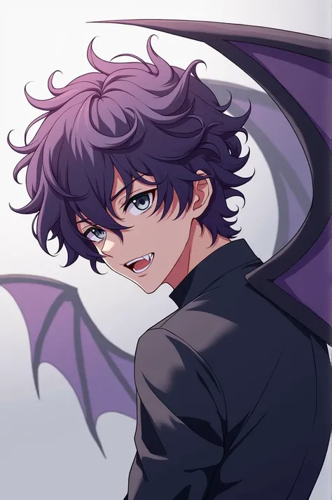 anime style man, Fangs, Curly Purple Hair, grey eyes, gray wings with purple