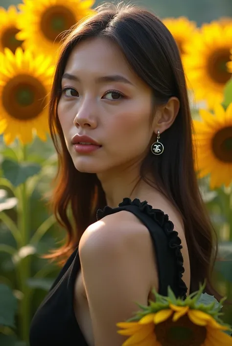  light brunette with straight hair and black chanel ,with a sunflower