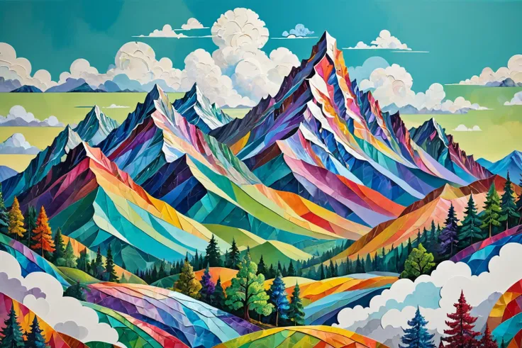 (masterpiece), absurdres, high detail, art paper painting, mountains with trees and clouds and hills, quircky collage, (colorful, full of colors, beautiful colors:1.3)