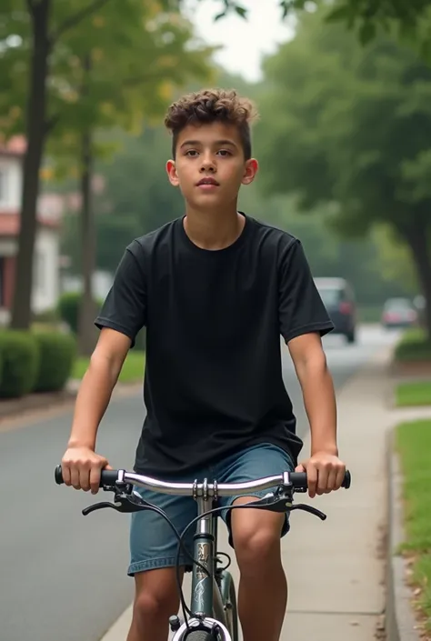 A 16 years boy with black t shirt with a bike 
