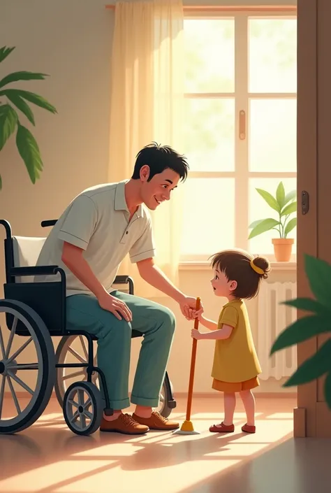 A calm scene in which a handicapped man cleaning a place in which a small child helps the handicapped man to clean the place 