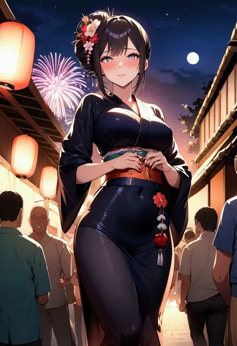 sexual class,Fireworks,summer night,tight clothes,detailed,high quality,full moon,Hanabi Taikai,yukata dress,Japanese festival,hidden from people