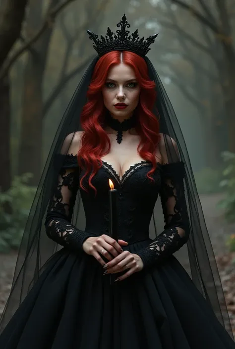 Beautiful red-haired woman with black eyes, dressed in a black wedding dress with a black veil and holding in her hands a black candle on her head has a crown and is posing for a full body painting, digital art.