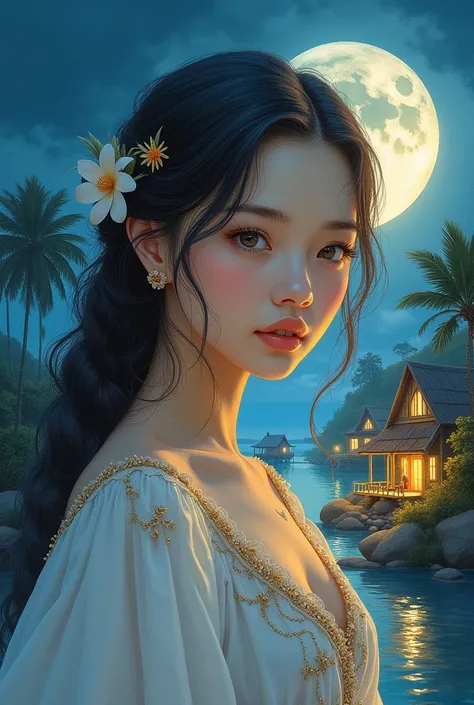 a girl in a moonlit village, beautiful detailed eyes, beautiful detailed lips, extremely detailed eyes and face, long eyelashes, beautiful young woman, elegant flowing dress, serene expression, moonlit night, fantasy seascape, watercolor illustration, luxu...