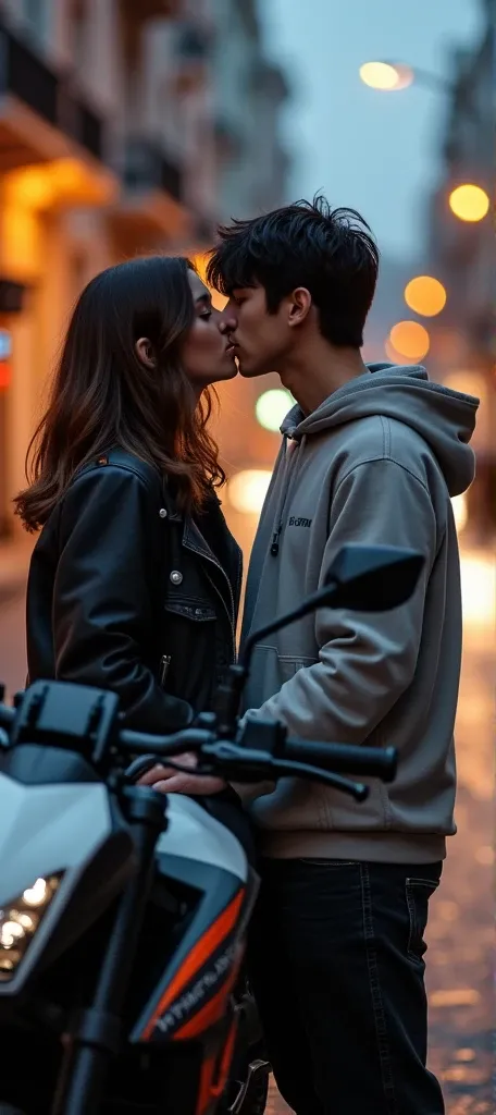 A KTM EXC supermoto rider with short black hair and a steep hoodie walks with his girlfriend who has shoulder-length bob brown-black wavy hair. Both on the supermoto in white-black at evening light