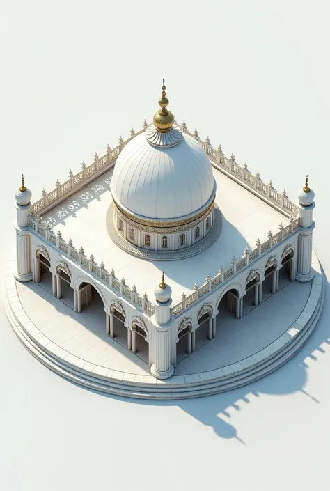 A 3d Cad image of a simple mosque one dome from top view on a circle of 10 feet diameter between the roof planes of width 10 feet and length 17 feet. 