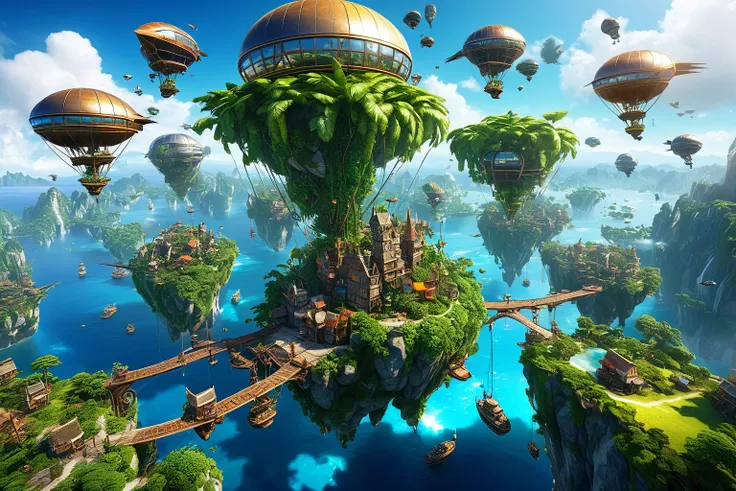 Many islands are suspended in the air with many small airships flying around, cities, fantasy, magical plants growing, extreme details, realistic light, epic composition, (complex details), (complex design, ultra-details :1.2), Art Station, (Masterpiece, B...