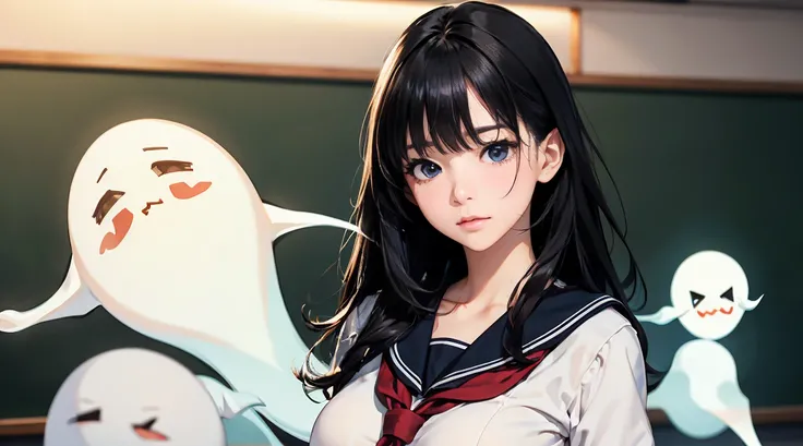 Highest quality、8k、masterpiece、Ultra-high resolution、Photorealistic、Realistic、Telephoto compression effect、1Girl、Dark Eyes、High school girls、no makeup、Delicate eyes、Kind eyes、Double eyelids,side up、Black Hair、Big Breasts、Sailor suit、(Late Night Classroom:1...