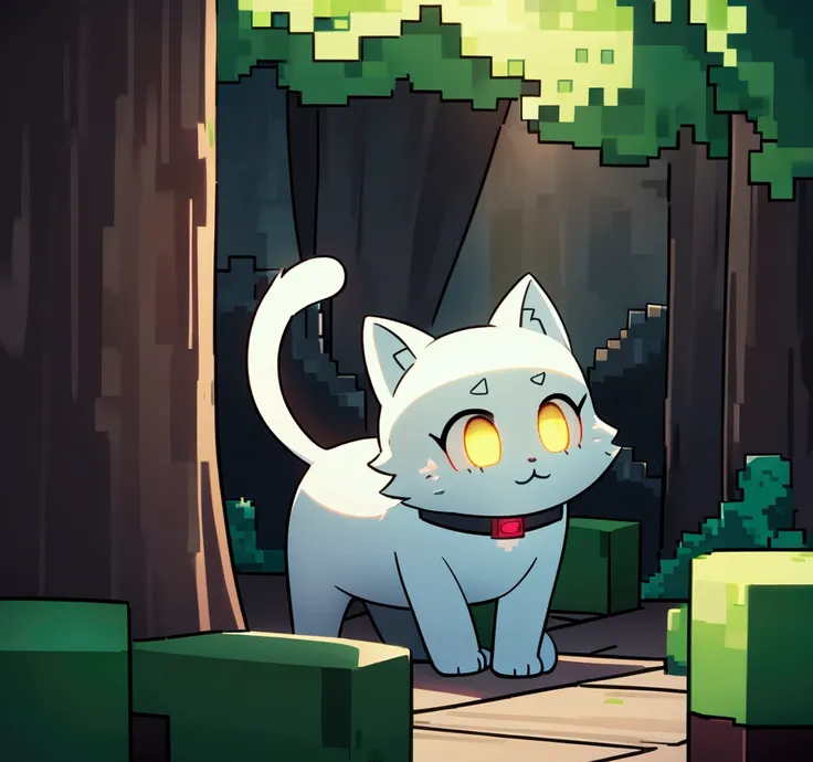 An anime-style cat character inspired by Minecraft, set in a pixelated landscape with a dark forest in the background. The cat has sleek fur, glowing yellow eyes, and an agile build, resembling a guardian with a calm yet alert expression. It stands confide...