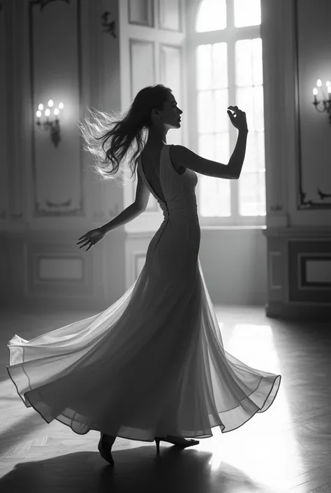 Woman dancing waltz in black and white