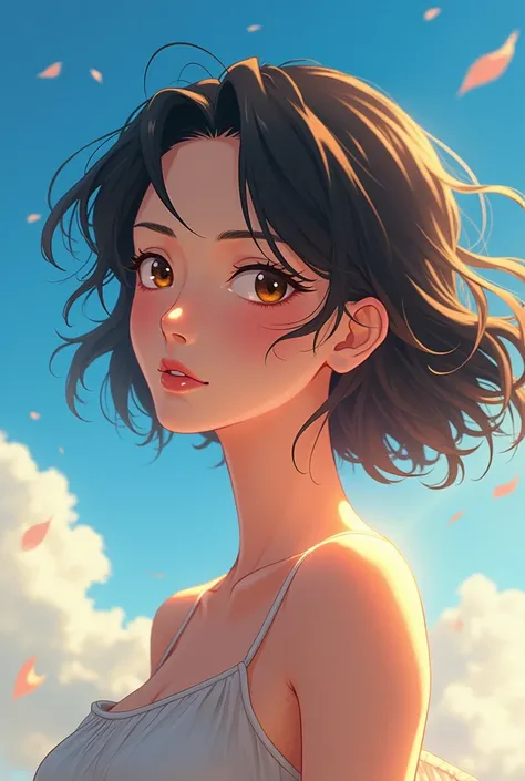 (Digital cinematic art: 1.3), high quality, masterpiece, top quality, Super detail, illustration, [Artedigital 4K]!!、 Kyoto animation style, A woman, Beauty of clavicle, clavicle, light, hope, blue sky, positive, challenge, motivation, brilliance, Dynamic ...