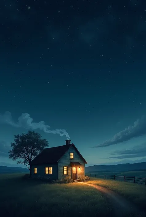 A painted picture of a house with lights burning on a starry night 