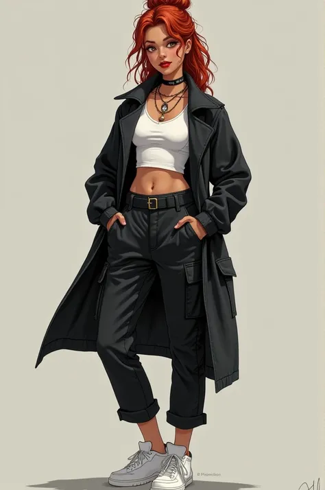 Make an average height 1,65. lightbrown eyes, wavy red hair, brown skin color. badass clothing: Um cropped branco, a black overcoat with the sleeves rolled up, black cargo pants, and a white sneaker. A little dark circles, I use a not very strong red lipst...