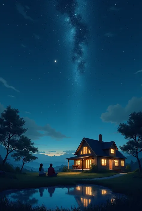 A painted picture of a house with lights burning on a starry night with a woman and a man sitting together looking at the sky 