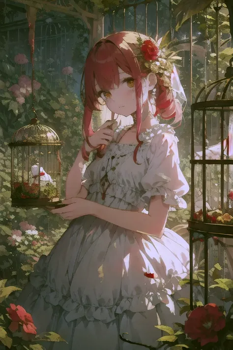 In a charming, overgrown garden surrounded by whimsical topiary animals, a young anime girl in a cute, pastel yellow dress stands near a large, ornate birdcage. Her dress is splattered with dark red, and her innocent, wide eyes shine with an unsettling cur...