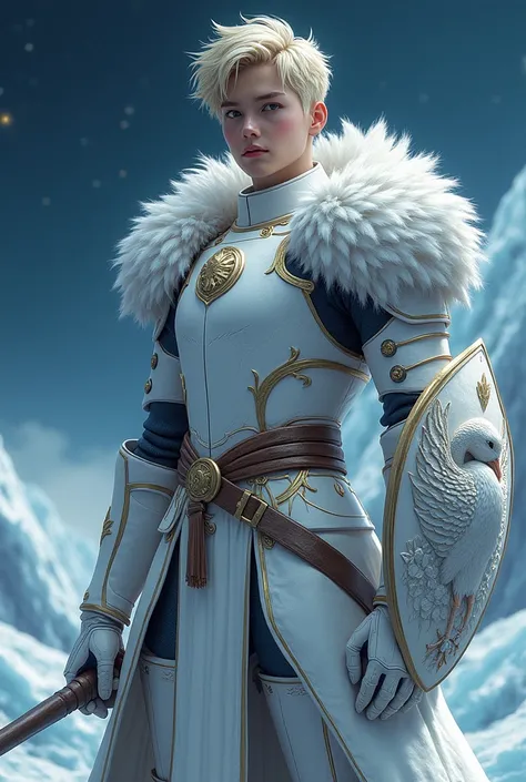 A young warrior in shining white bronze armor with Swan feathers, with dark white details and a swan carved on the chest, inspired by a medieval-futuristic style. Behind him, the night sky is full of stars and a huge constellation Cygnus shines brightly. T...