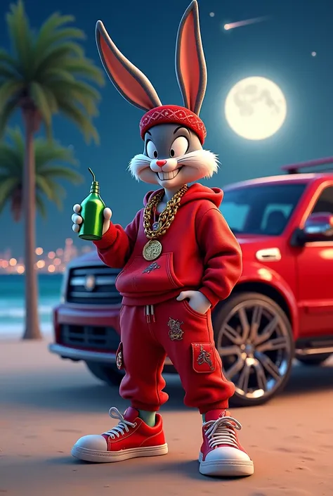 A stylized 3D cartoon illustration of Bugs Bunny, the rabbit character wearing a red bandana, red hip hop sweat and pants and oversized gold chains, standing confidently next to a shiny red SUV with large custom wheels. The scene is set at night on a sandy...