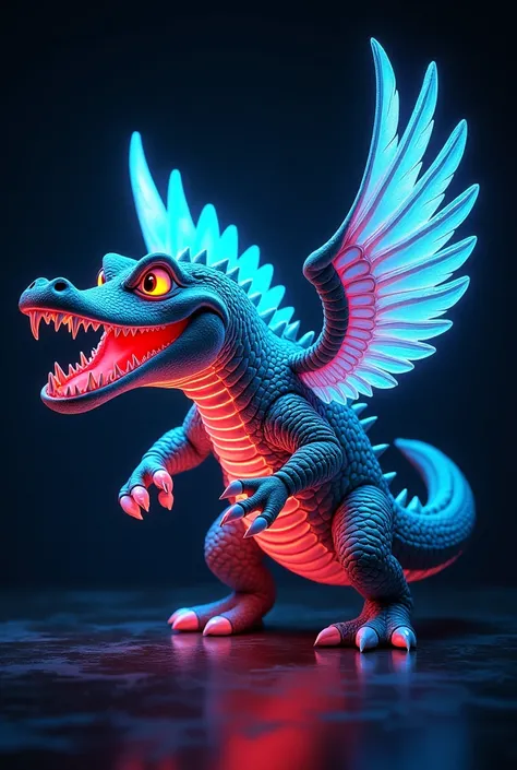 display full hd high resolution,a hologram logo,ferocious crocodile made from cartoon,red and black color combination, and wings, a ribbon with a name on it "KRC".and a color LED m