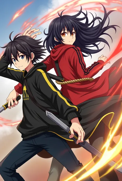 Boy with long black hair, sword on his coat, black sweatshirt with yellow stripes and yellow aura in anime style and boy with black hair spread out, red sweatshirt with black stripes, orange eyes and sword on his back with red magic