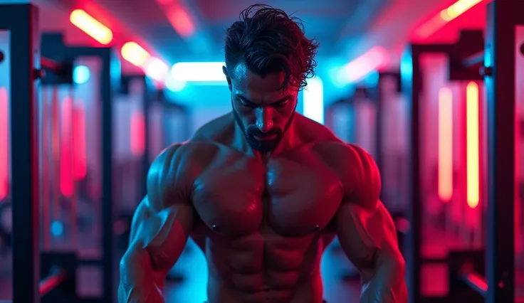 A viral social media image of a muscular man mid-workout, sweat glistening on his toned arms. In the background, a neon-lit gym, with musical notes subtly blending into the equipment, setting an energetic vibe.






