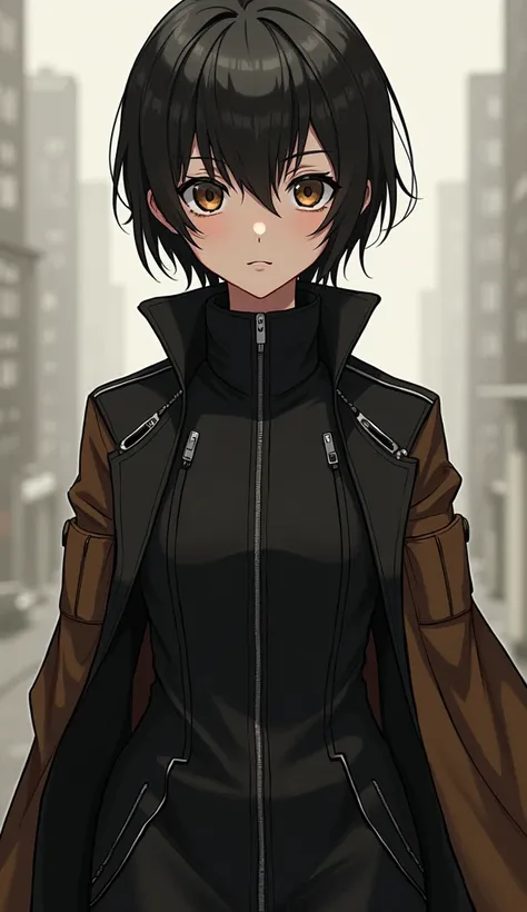 A anime character with poker face wear black and brown jacket and face is straight
