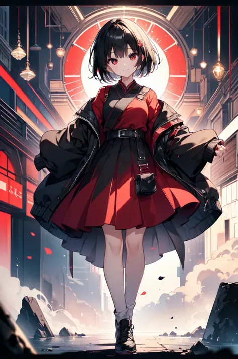 (masterpiece, highest quality, highest quality, (No text), Beautiful and aesthetic:1.2),No text,アニメ、BREAK,One Girl，Black Hair Girl　 adult　short hair　older sister　Beautiful eyes　Red eyes　cool　smile　Black and Red　skirt　Black jacket　White clothing　Full Body O...