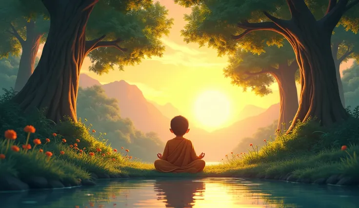 In Cinematic 3d cartoon style "a saint sitting under the tree in the forest, tree on the bank of the pond.sunset
