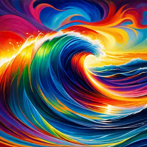 a close up of a colorful painting of a wave, waves of energy, vibrant and powerful, psychedelic waves, swirling flows of energy, colorful fire, vibrant and colorful, colorful and vibrant, swirls of fire, vibrant colors, strong and vibrant colors, swirly vi...